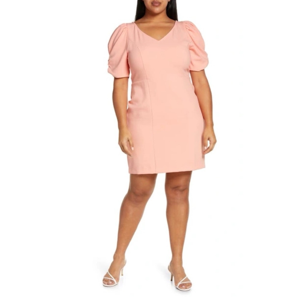 Chelsea28 Puff Sleeve Coral V Neck Crepe Dress Orange Desert Mini Above Knee